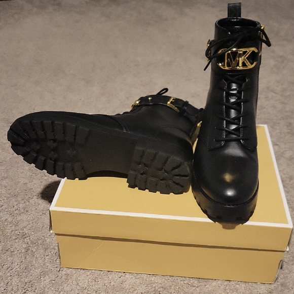 Michael Kors Black Combat Boots with Gold Accents - Picture 2 of 4
